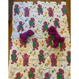 Vintage 1992 Barney Lot Of 3 Bedding Comforter Blanket & 2 Stuffed Barney’s